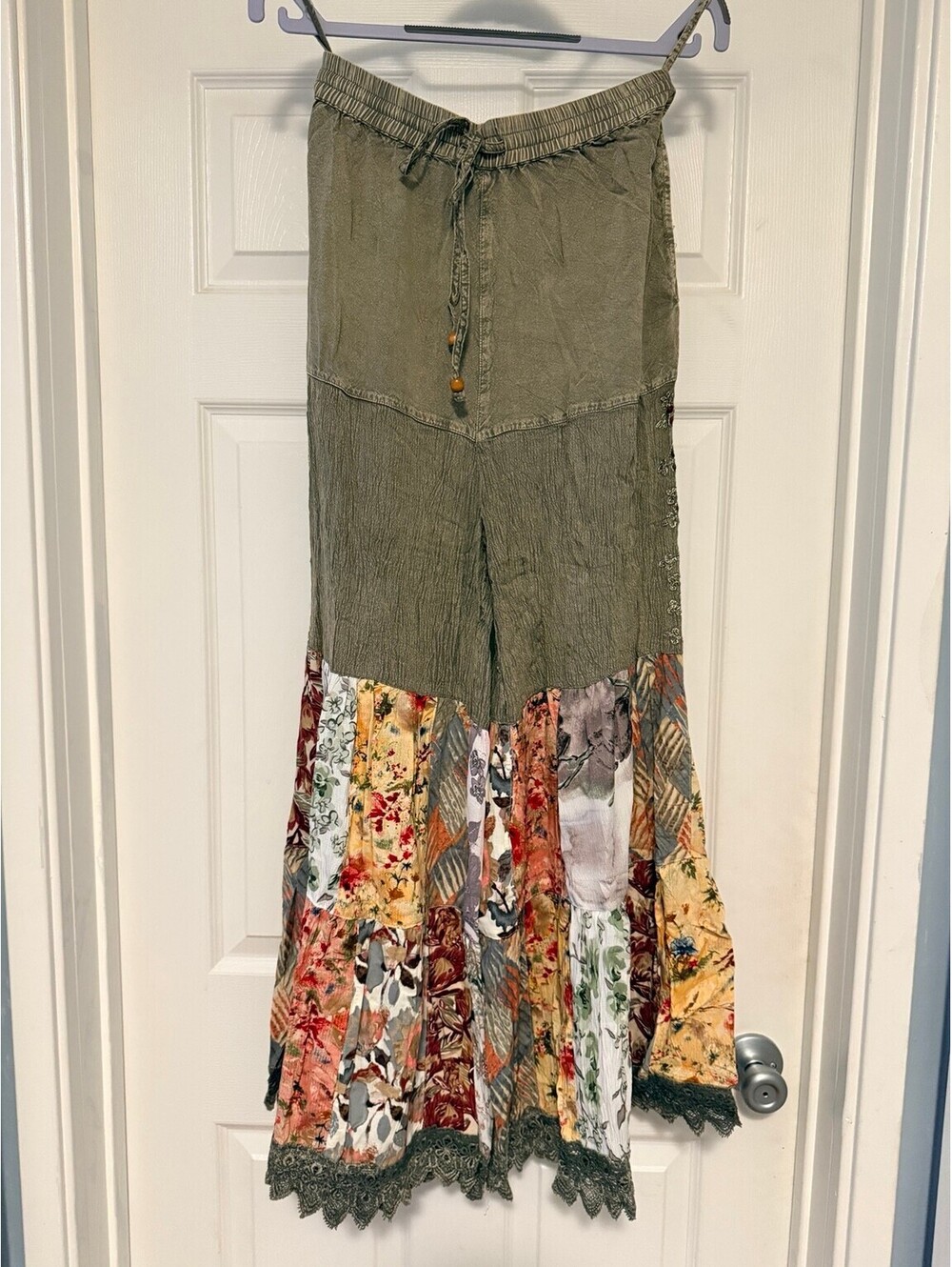 YOUNG THREADS Boho Embroidered Patchwork Wide Leg Pants Olive NWT Small